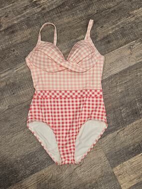 Draper James Lands End Swimsuit Womens 12 Pink Cottage Pin Up Gingham One Piece